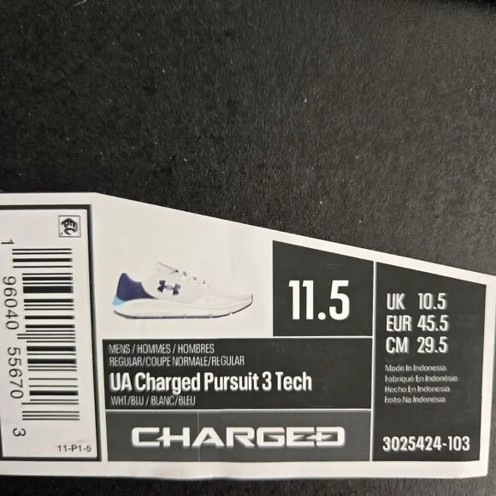 Under ARMOUR Charged Pursuit 3 TECH Men's Size 11.5 White Blue Gym Running Train